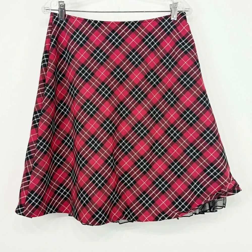 Hanna Anderson Red Black Plaid Sheer Ruffle Hem A Line Holiday Winter Skirt